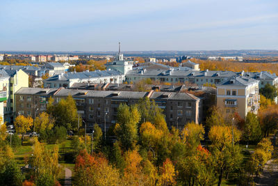 High angle view of townscape against sky