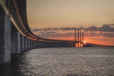 Sweden, skane county, malmo, oresund bridge at sunset