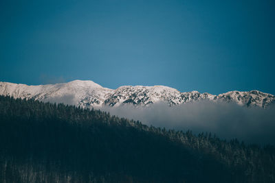 Scenic view of mountains against clear blue sky