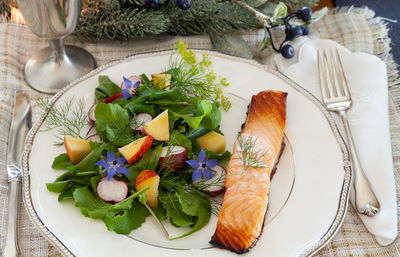 High angle view of food in plate on table