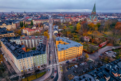 High angle view of buildings in city