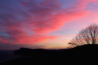 Scenic view of dramatic sky over silhouette landscape during sunset
