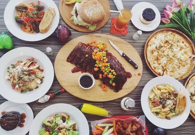 High angle view of food served on table