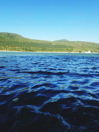 Scenic view of sea against clear blue sky