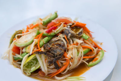 High angle view of noodles in plate