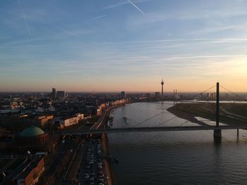 High angle view of city at waterfront river düsseldorf rhein 