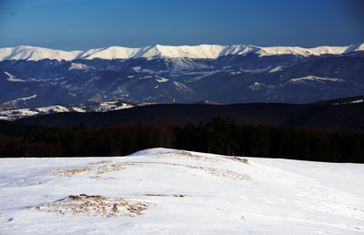 Scenic view of snowcapped mountain against clear sky