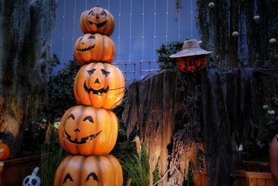 Low angle view of various pumpkin on wall during halloween