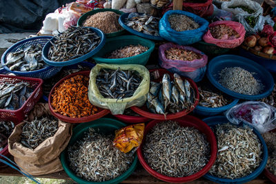 High angle view of spices for sale at market stall