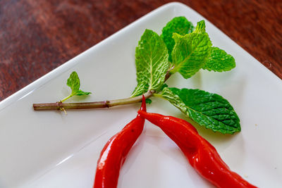 High angle view of peppers and mint leaves in plate on table