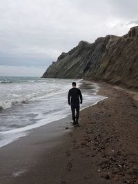 Rear view of man standing on beach against sky