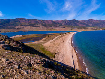 Scenic view of beach against blue sky