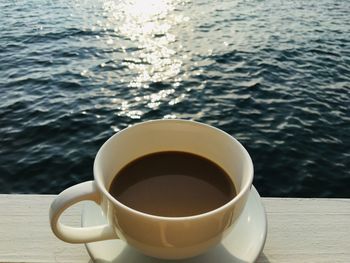 High angle view of coffee cup on table