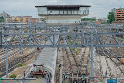 High angle view of train at railroad station