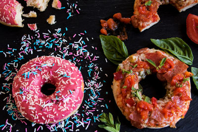 High angle view of donuts on table