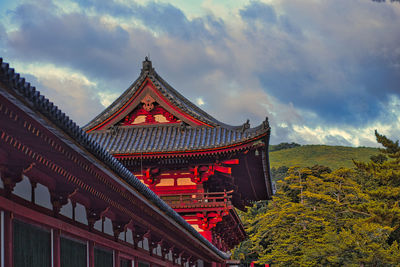 Low angle view of temple building against cloudy sky