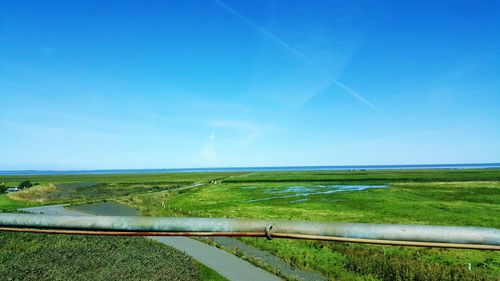 Scenic view of agricultural field against clear blue sky