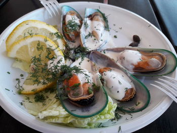 High angle view of food served in plate