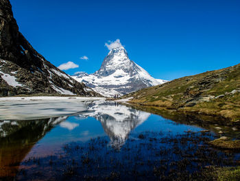 Scenic view of lake and mountains against clear blue sky