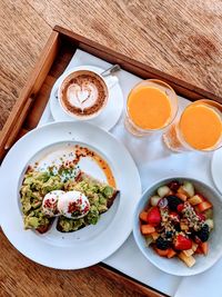 High angle view of breakfast served on table