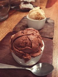 Close-up of served ice cream on table