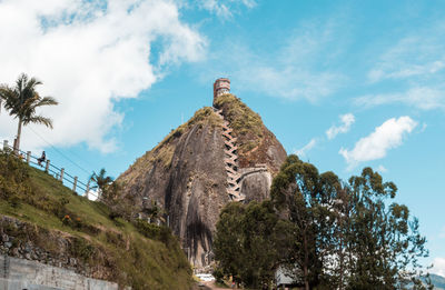 Low angle view of castle on mountain against sky