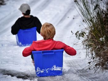 Rear view of boy on snow