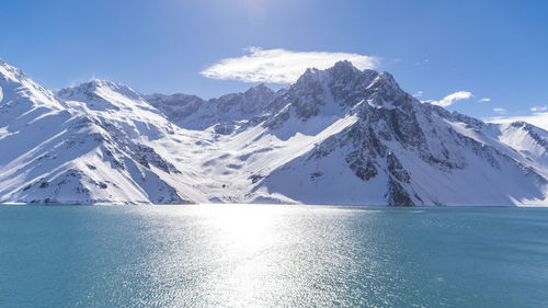 Scenic view of snowcapped mountains against blue sky