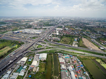 Aerial view of vehicles on the motorway and ring roads system in bangkok