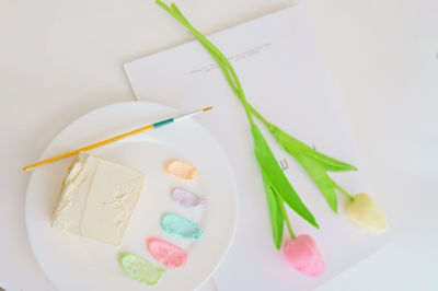 High angle view of food served on table