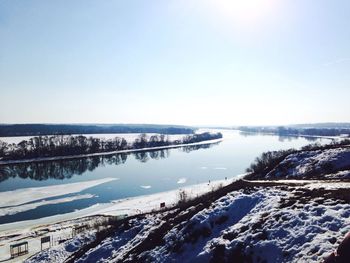 High angle view amidst snow covered field against sky