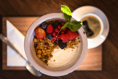 High angle view of dessert in bowl on table