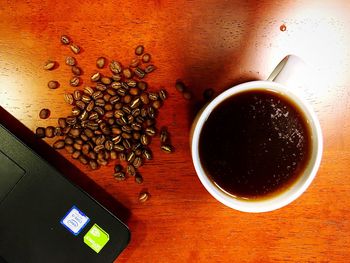 High angle view of coffee cup on table