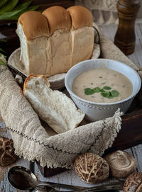 High angle view of soup in bowl on table