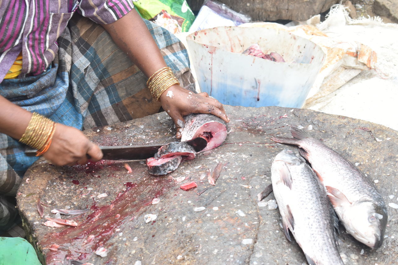 MIDSECTION OF MAN PREPARING FISH AT MARKET