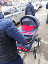 Rear view of motorcycle on street in winter