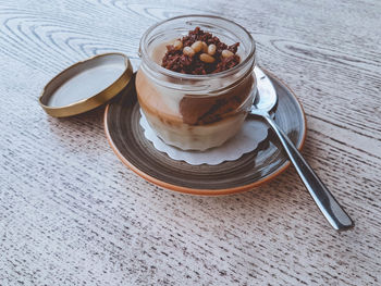 High angle view of breakfast on table