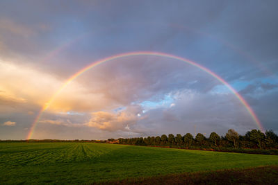 Rainbow over green fields in the evening light