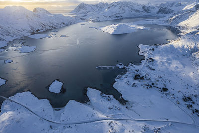 Aerial view of snowcapped mountains during winter