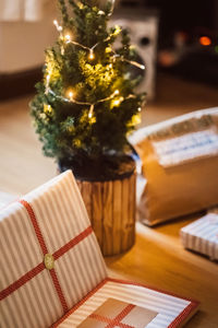 Close-up of christmas decorations on table
