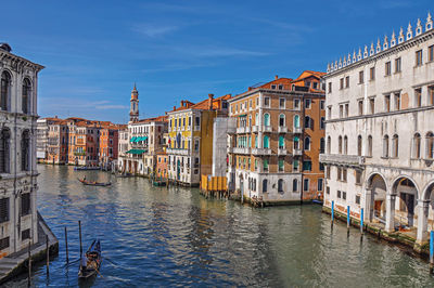 Overview of buildings and gondolas in the canal grande of venice, italy.