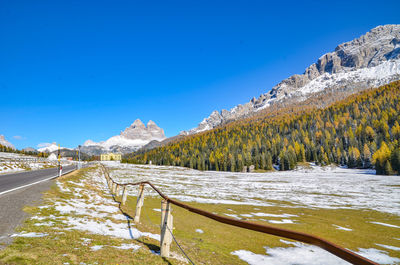 Scenic view of snowcapped mountains against clear blue sky