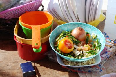 High angle view of breakfast on table