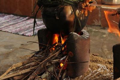 Close-up of fire on barbecue grill