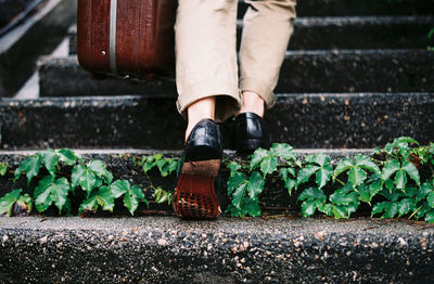 Low section of man walking on steps