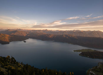 Scenic view of lake against sky during sunset