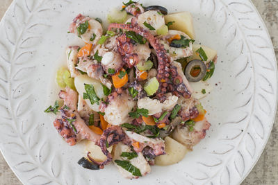 Dish of octopus salad from above.