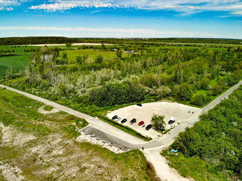 High angle view of field against sky