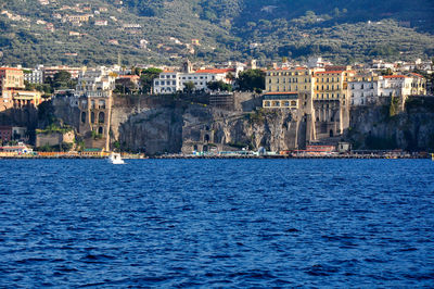 Aerial view of town by sea