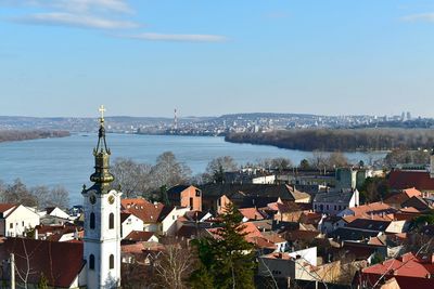 High angle view of town against sky